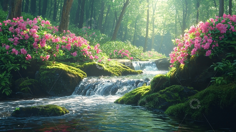 高清大图下载【趣麦麦图】绿树鲜花小溪的唯美画面