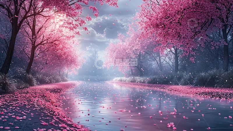 高清大图下载【趣麦麦图】粉色樱花树下的河流