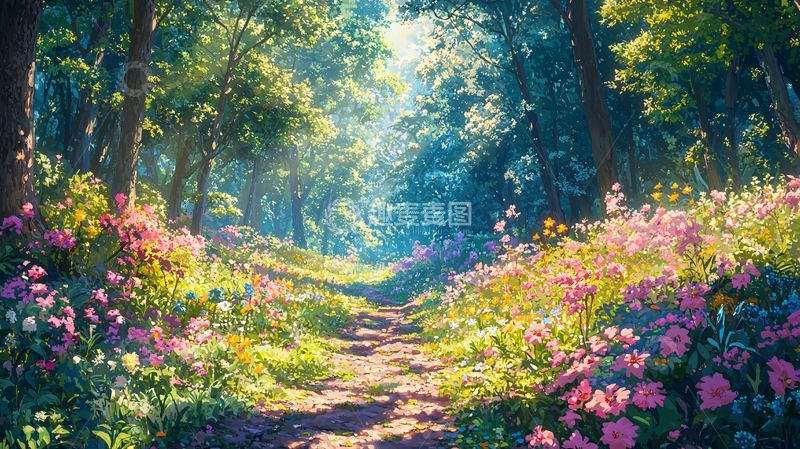 高清大图下载【趣麦麦图】鲜花盛开的森林小路