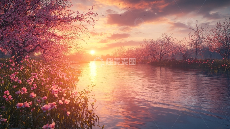 高清大图下载【趣麦麦图】浪漫粉色花朵日落河流