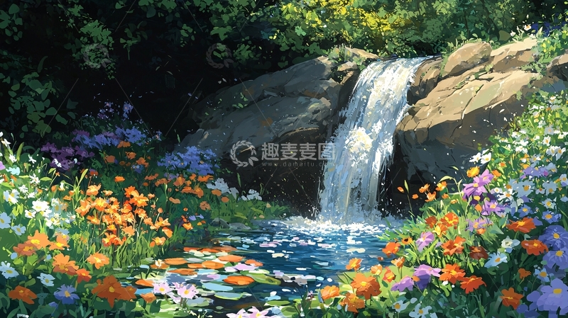 高清大图下载【趣麦麦图】鲜花围绕的瀑布流水