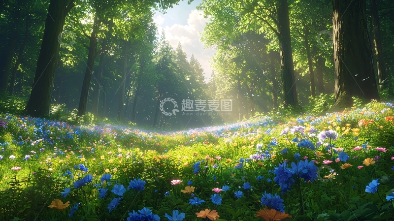 高清大图下载【趣麦麦图】阳光穿过树林的草地