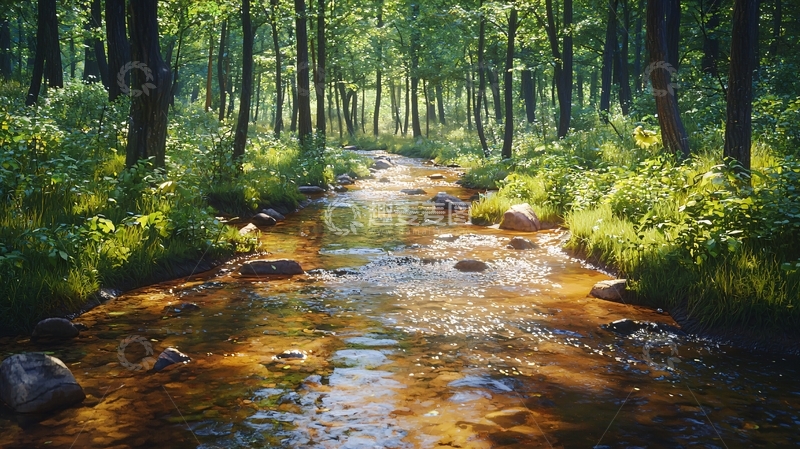 高清大图下载【趣麦麦图】森林小溪阳光明媚