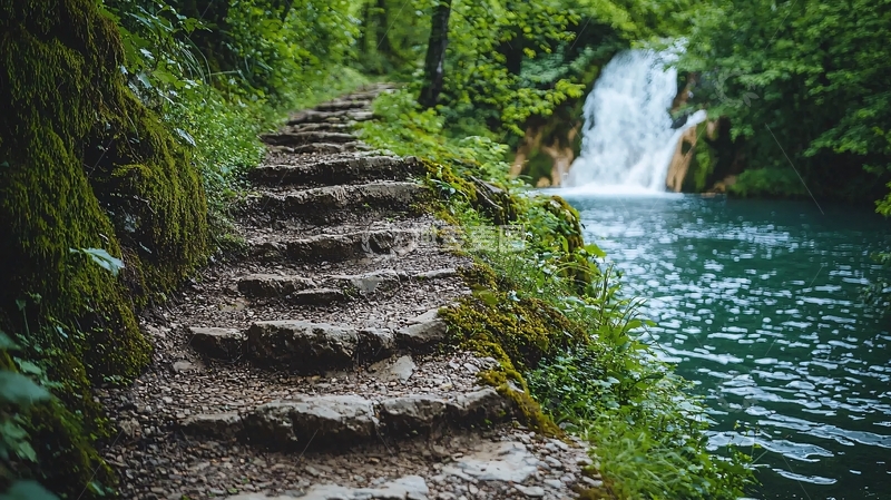 高清大图下载【趣麦麦图】绿树环绕的瀑布小路