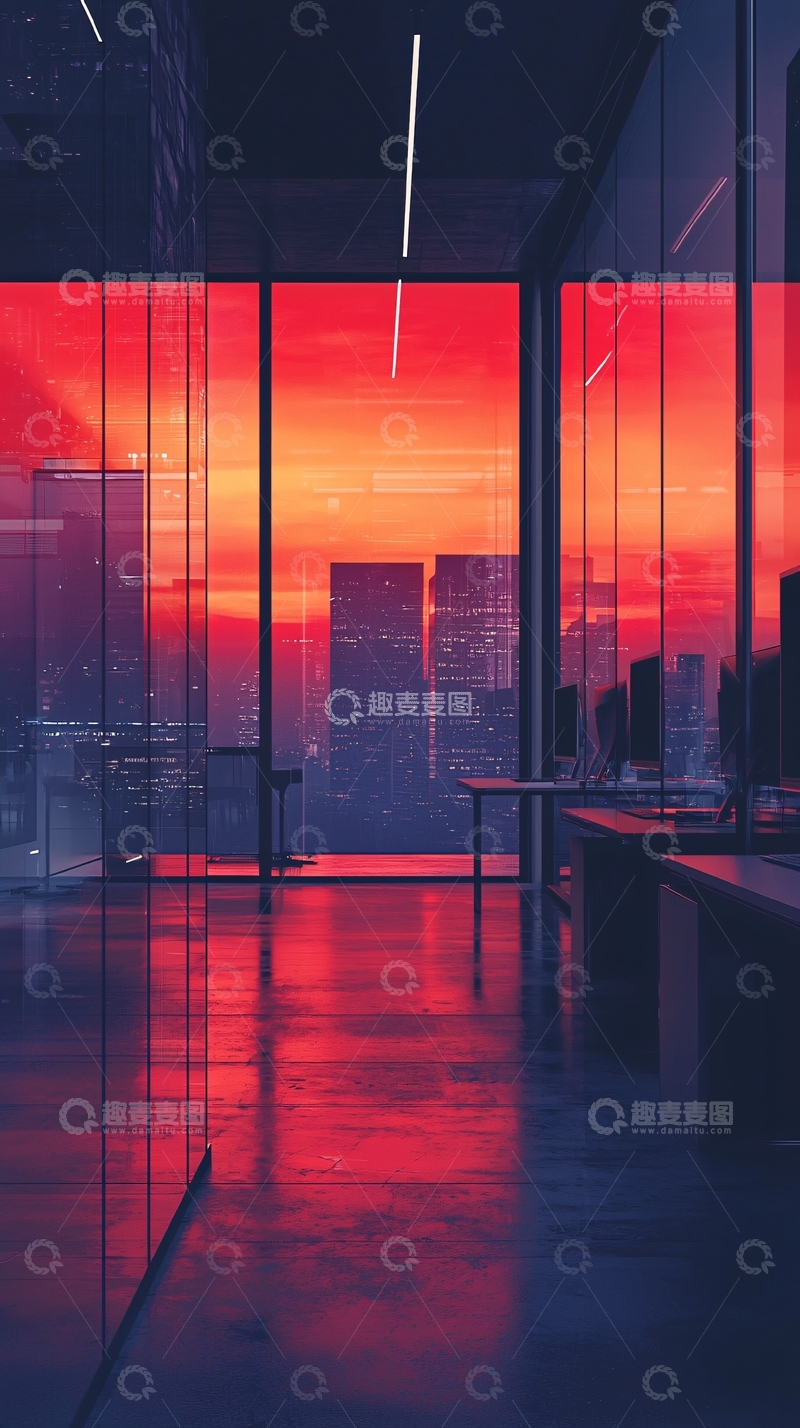 高清大图下载【趣麦麦图】办公室日落城市剪影