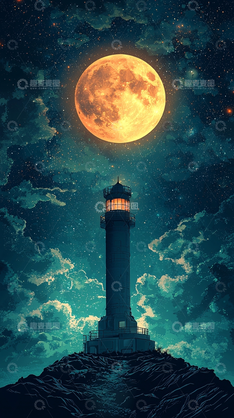 高清大图下载【趣麦麦图】灯塔下的满月夜空