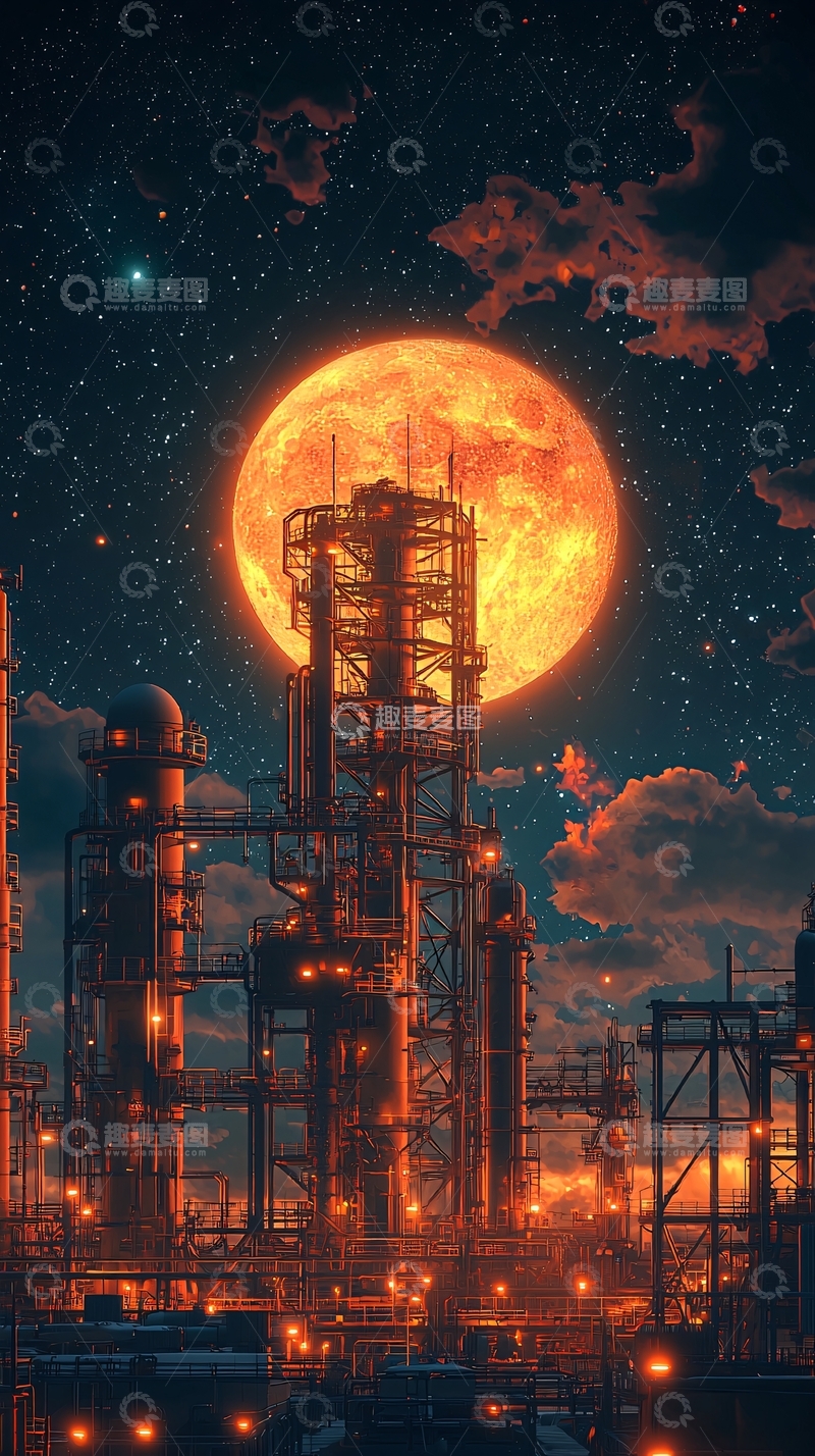 高清大图下载【趣麦麦图】夜空下的工业建筑与橙色满月