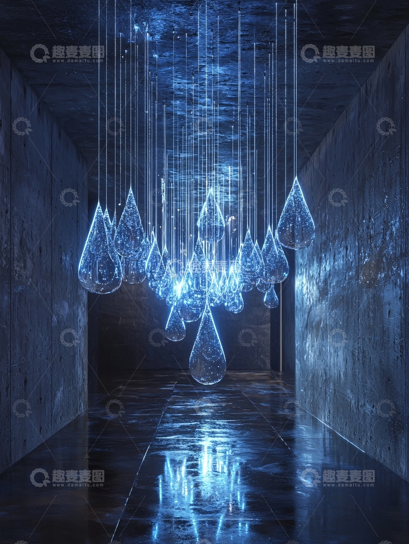 高清大图下载【趣麦麦图】蓝色水滴悬挂在空中