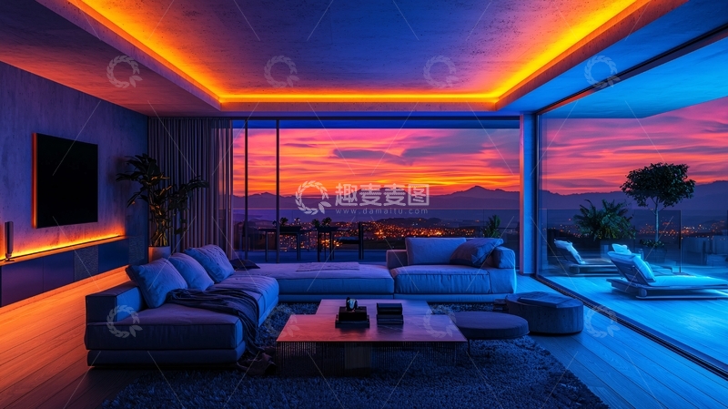 高清大图下载【趣麦麦图】现代风格客厅夜景落地窗夕阳