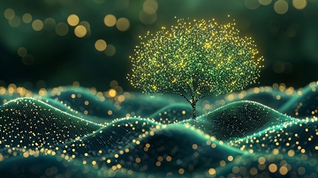 发光树在波浪起伏的土地上