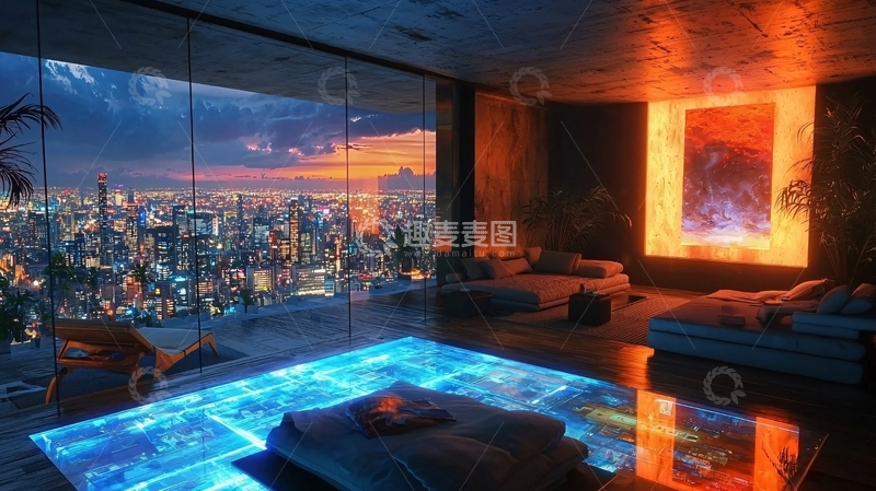 高清大图下载【趣麦麦图】未来主义城市景观卧室