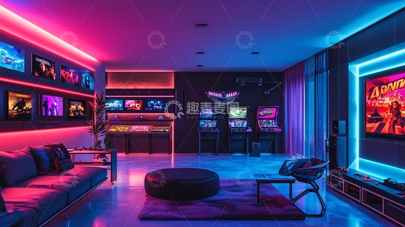 高清大图下载【趣麦麦图】炫酷霓虹灯游戏主题家庭影院