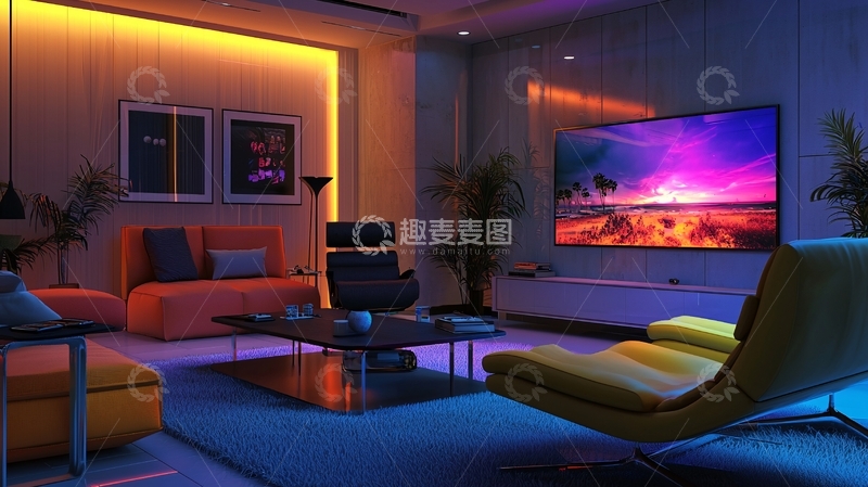 高清大图下载【趣麦麦图】现代简约家居客厅夜景