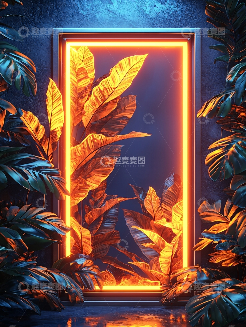 高清大图下载【趣麦麦图】热带植物霓虹灯框
