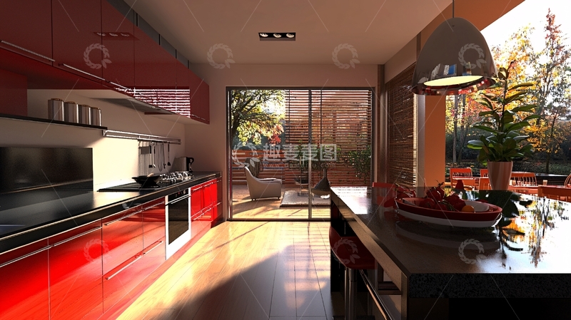 高清大图下载【趣麦麦图】现代简约红色橱柜厨房
