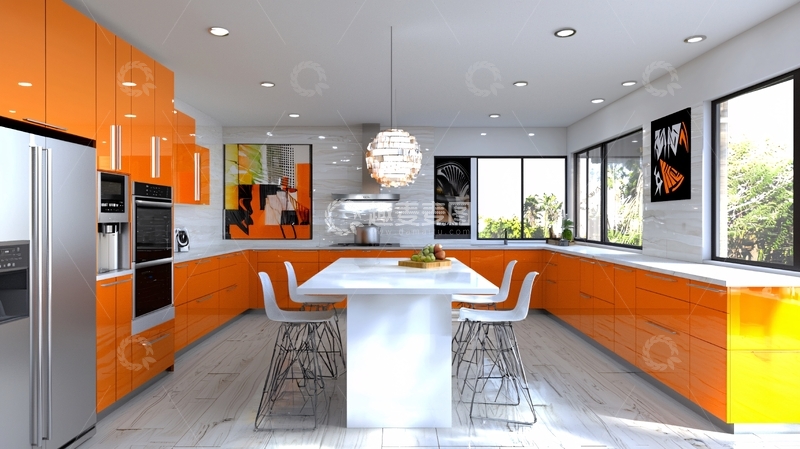 高清大图下载【趣麦麦图】现代橙色高光泽橱柜厨房