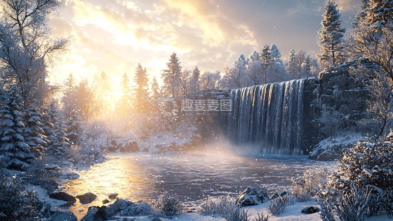 高清大图下载【趣麦麦图】冬日瀑布的静谧之美