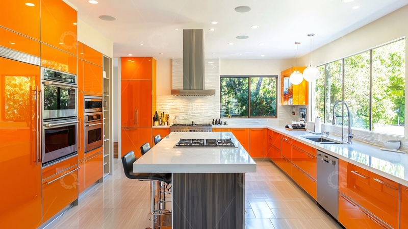 高清大图下载【趣麦麦图】明亮橘色现代化厨房