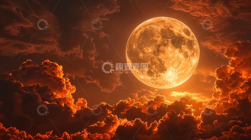 高清大图下载【趣麦麦图】橙色满月在云层之上