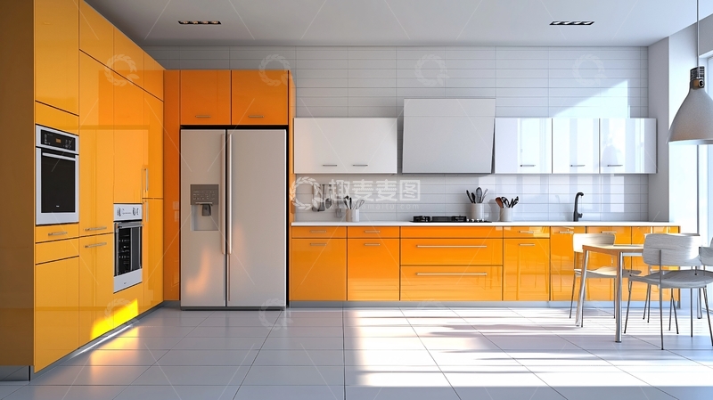 高清大图下载【趣麦麦图】明亮简洁的橙色现代厨房