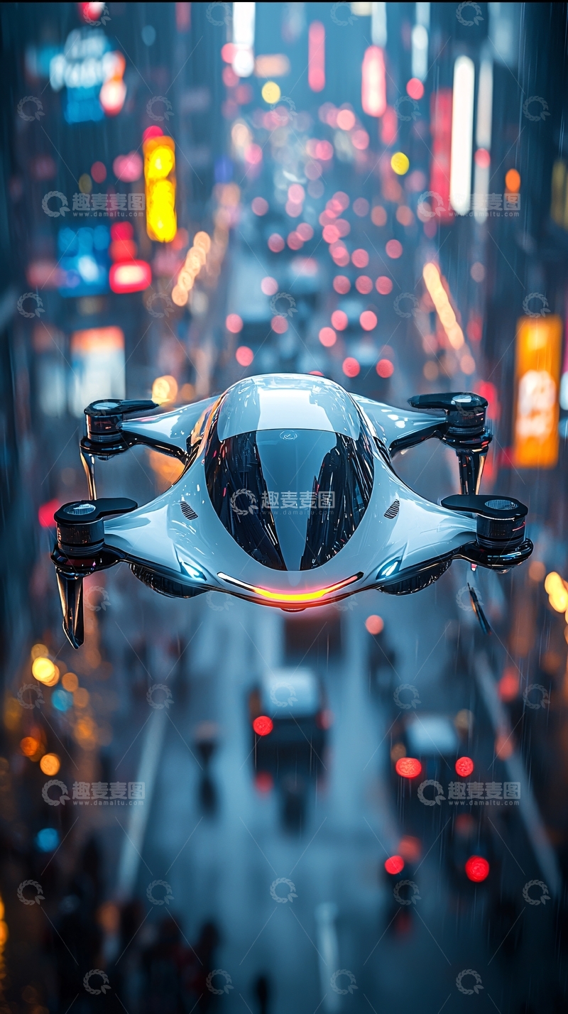 高清大图下载【趣麦麦图】-未来城市中飞行的无人机