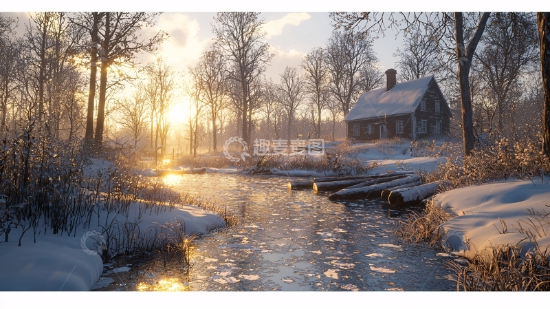 高清大图下载【趣麦麦图】冬日小屋的静谧风景