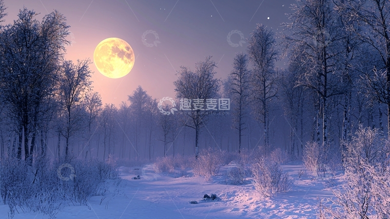 高清大图下载【趣麦麦图】冰雪月夜森林
