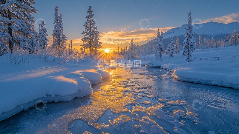 高清大图下载【趣麦麦图】冬日雪景下的河流日出