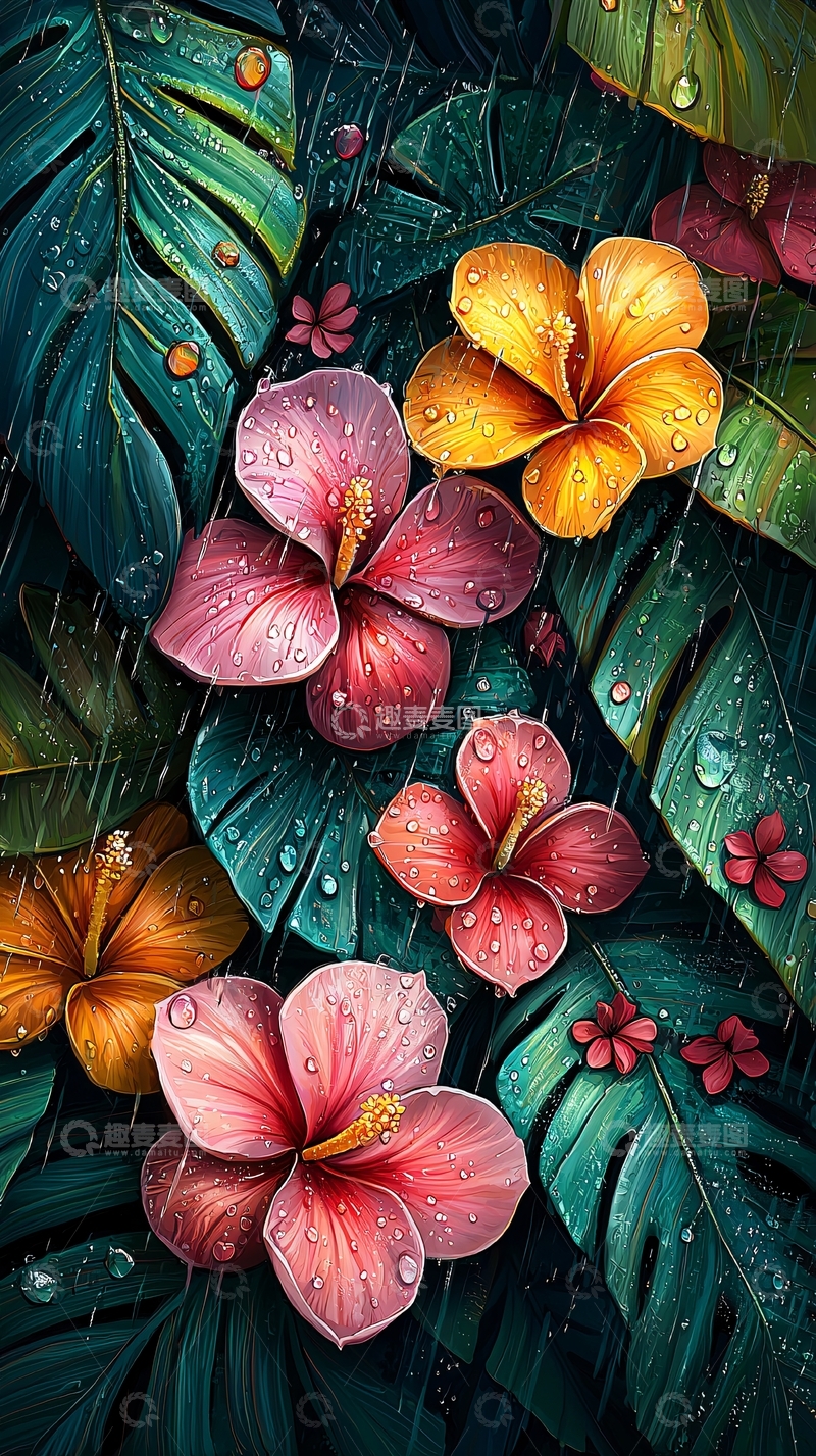 高清大图下载【趣麦麦图】热带花卉绿叶水珠背景