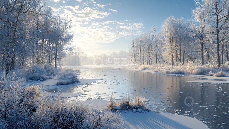 高清大图下载【趣麦麦图】冰雪覆盖的河流森林