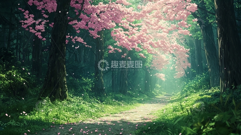 高清大图下载【趣麦麦图】樱花树下的森林小路