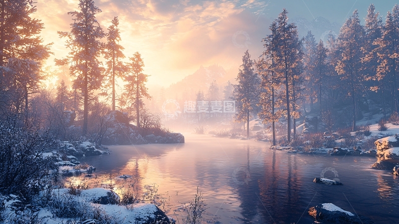 高清大图下载【趣麦麦图】冬日湖面金色光辉