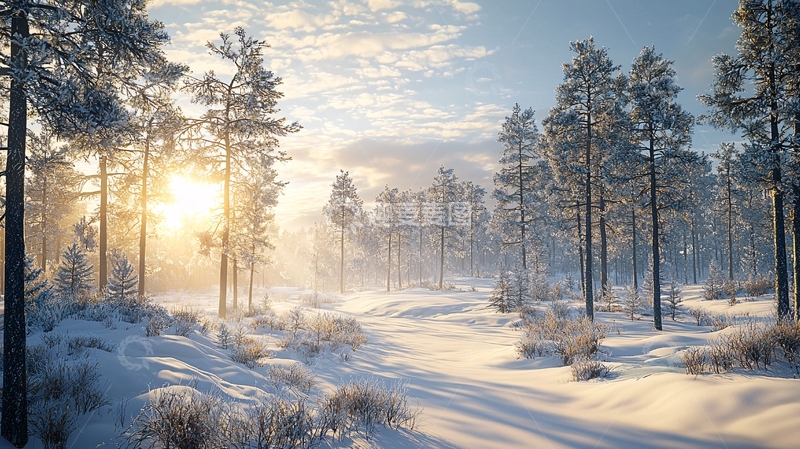 高清大图下载【趣麦麦图】冬日阳光下的雪景森林