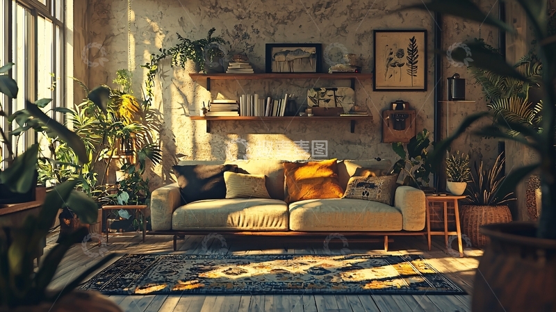 高清大图下载【趣麦麦图】阳光洒进绿植环绕的客厅
