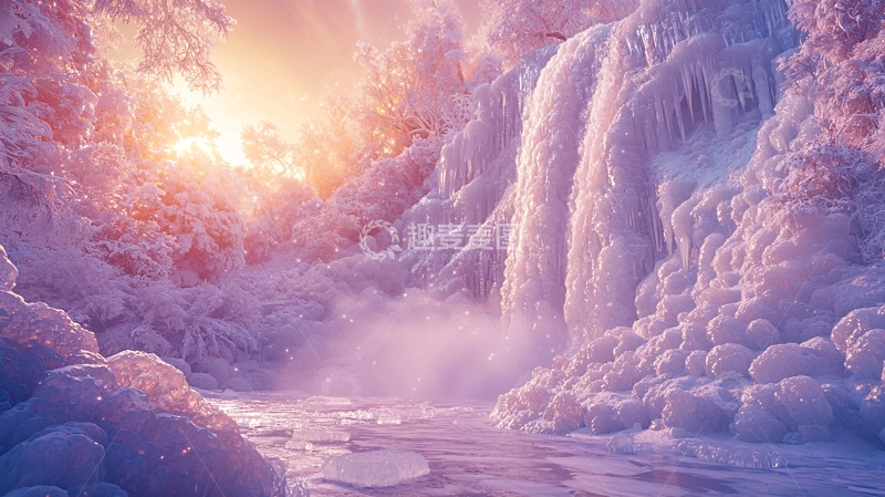 高清大图下载【趣麦麦图】冰雪覆盖的瀑布在阳光下闪耀