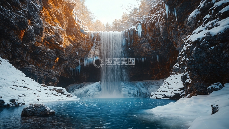 高清大图下载【趣麦麦图】冰雪覆盖的瀑布景观