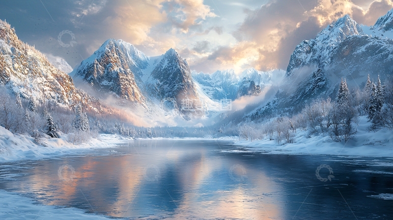 高清大图下载【趣麦麦图】雪山下的宁静湖面