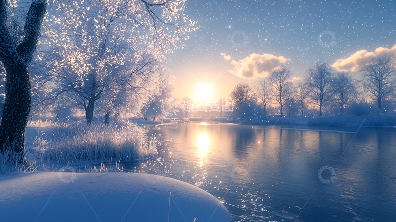 高清大图下载【趣麦麦图】雪地湖畔唯美日出