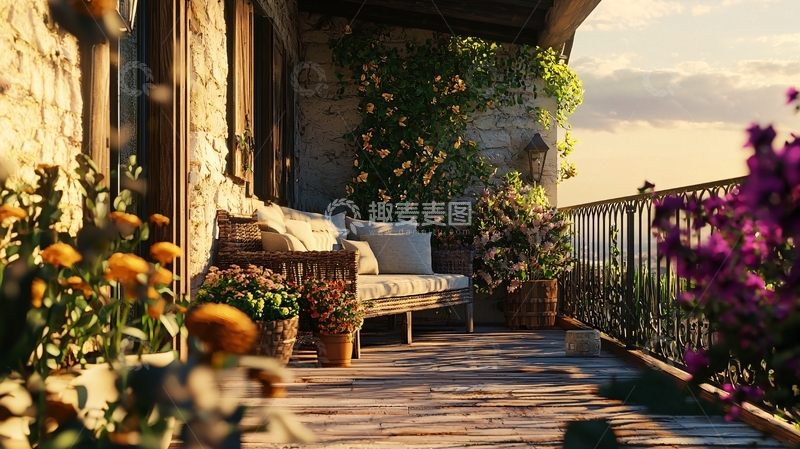 高清大图下载【趣麦麦图】夕阳西下阳台景色