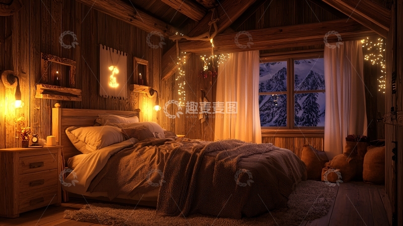 高清大图下载【趣麦麦图】温暖舒适的木屋卧室