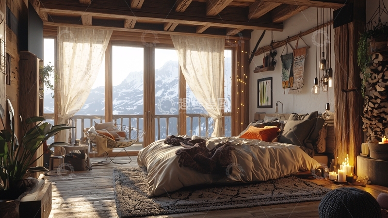 高清大图下载【趣麦麦图】木屋卧室雪山日出景色
