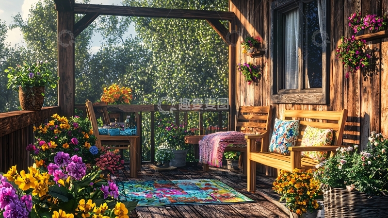 高清大图下载【趣麦麦图】木屋阳台花园景色