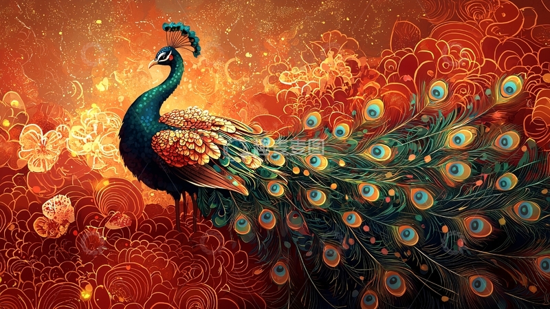 高清大图下载【趣麦麦图】华丽的孔雀与红色背景