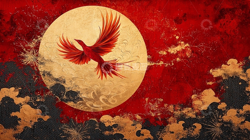 高清大图下载【趣麦麦图】红色凤凰飞向明月