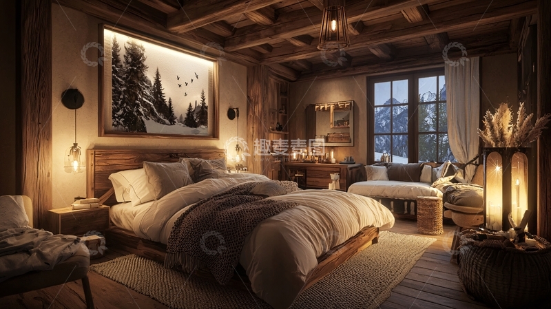 高清大图下载【趣麦麦图】温暖舒适的木屋卧室