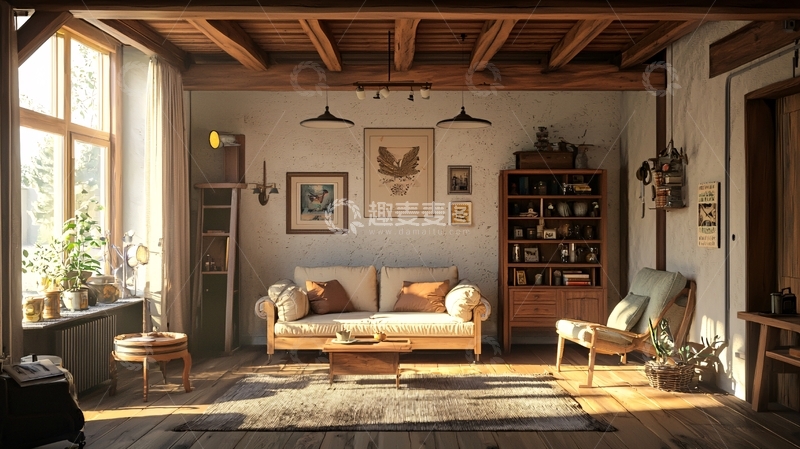 高清大图下载【趣麦麦图】温馨舒适的原木风客厅
