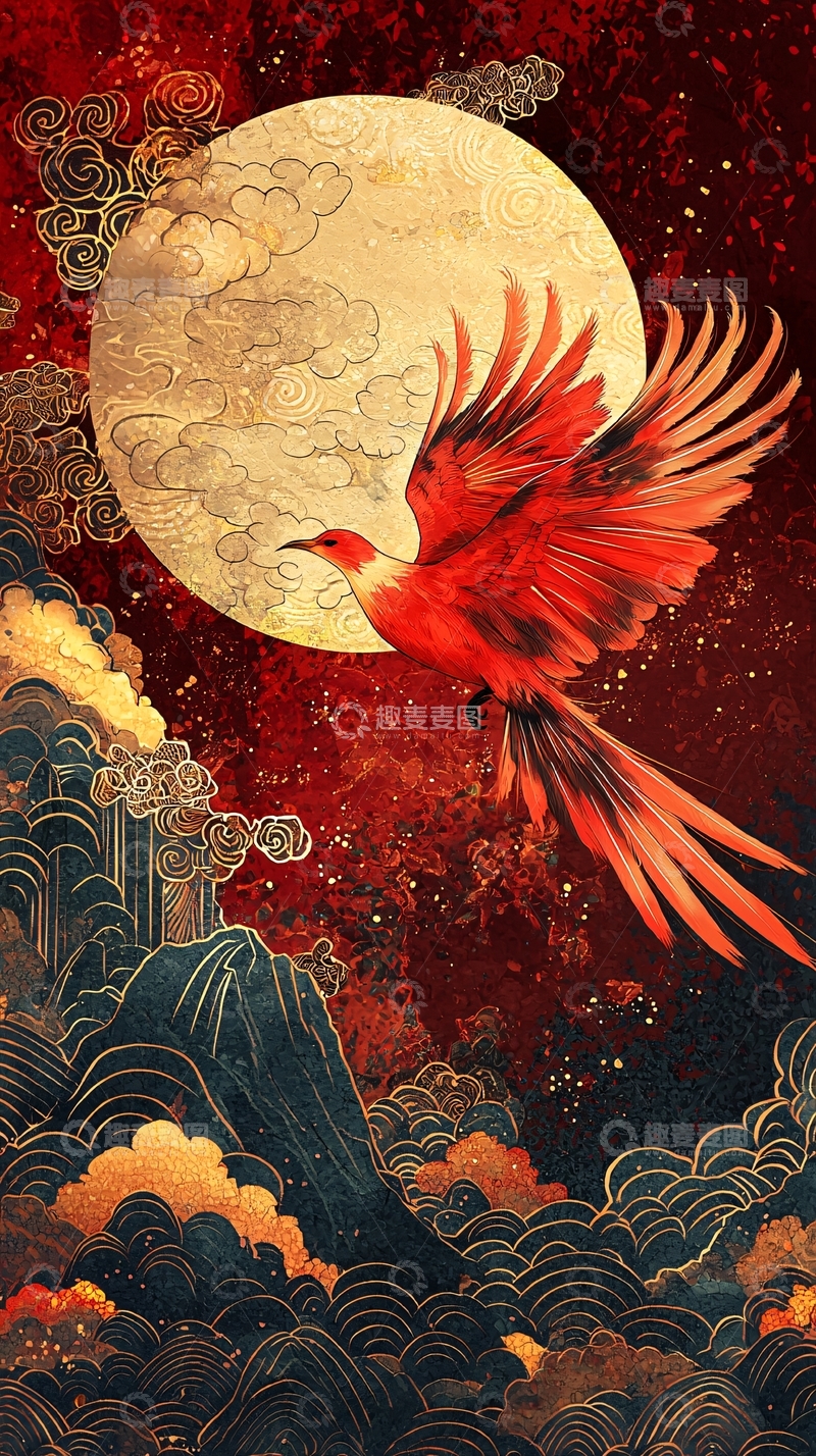 高清大图下载【趣麦麦图】红色凤凰飞向满月