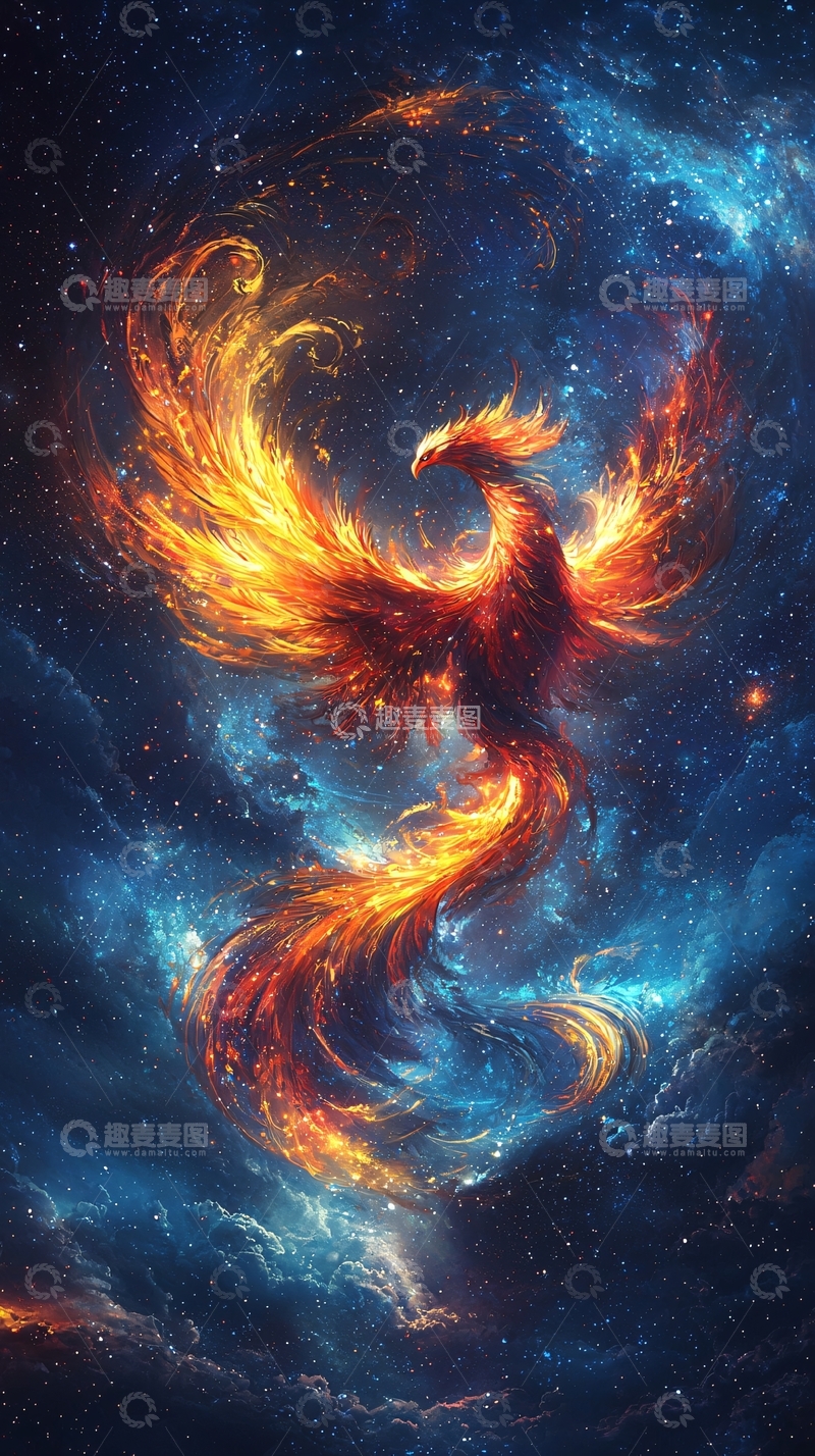 高清大图下载【趣麦麦图】火焰凤凰在星空中飞舞