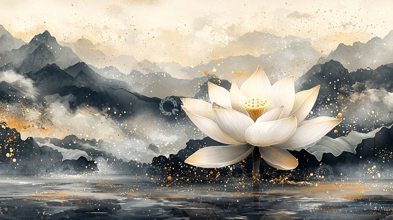 高清大图下载【趣麦麦图】水墨山水莲花图
