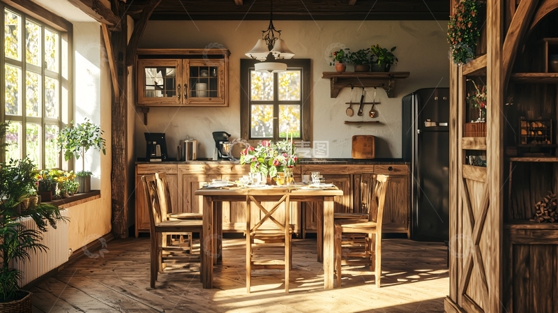 高清大图下载【趣麦麦图】阳光洒进原木乡村厨房